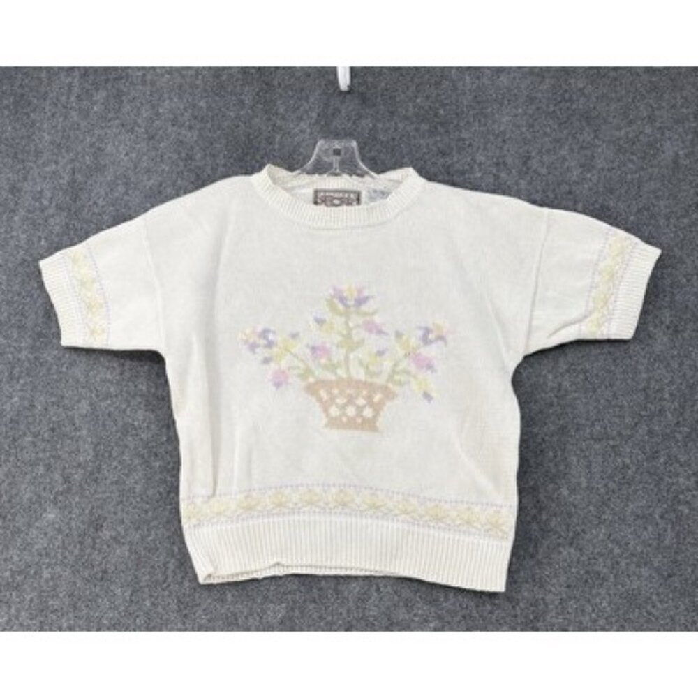 VINTAGE White Grandma Sweater Bouquet Floral Short Sleeve Sweater Women Medium